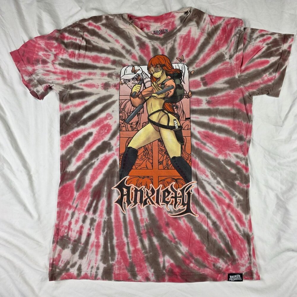 Broken Promises Anxiety Tie Dye Mens Large Pink Brown Shirt Anime Casual Expos